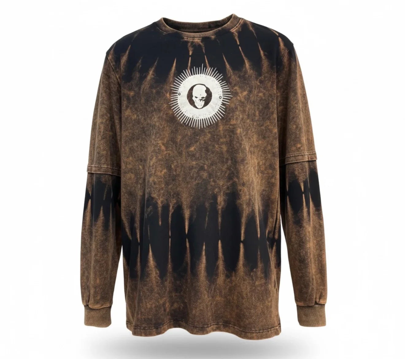 Shadow Angel Acid Wash Long Sleeve Tee with skull chest emblem and back angel graphic, gothic streetwear.
