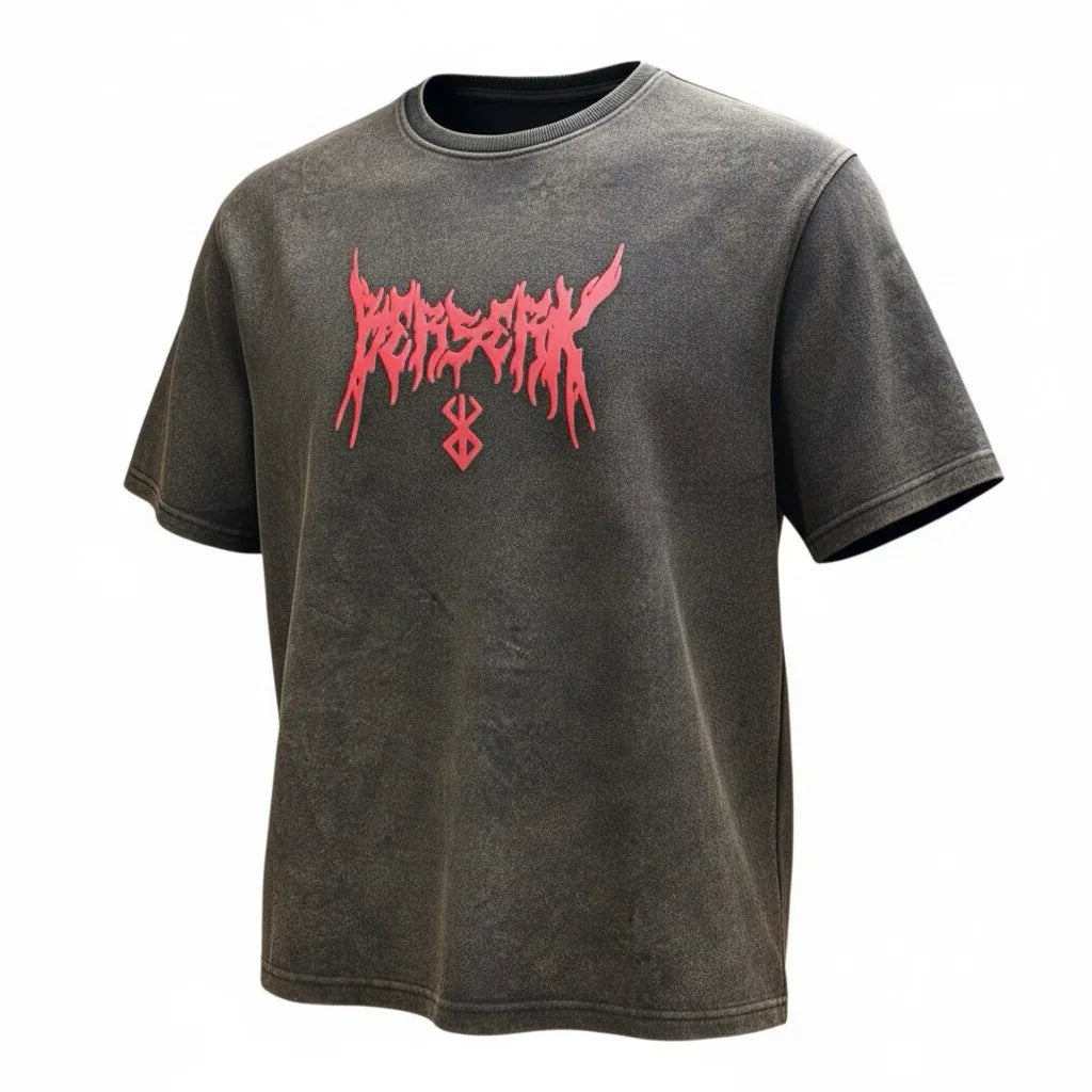 Vintage black graphic t-shirt with red abstract logo print on the front