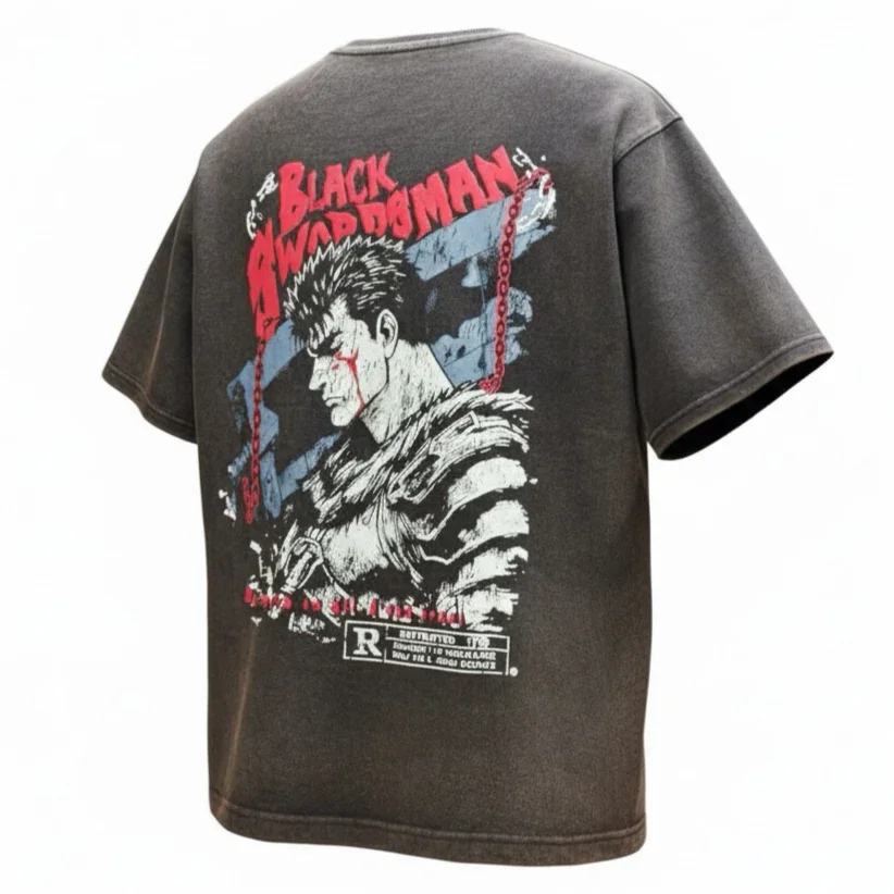 Black graphic T-shirt featuring anime-style warrior illustration and 'Black Swordsman' text.