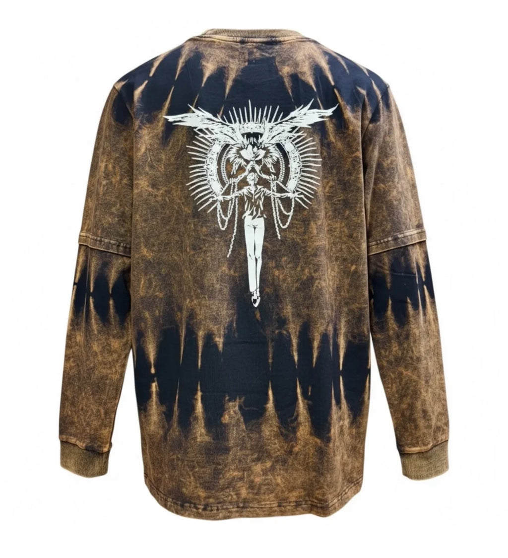 Shadow Angel Acid-Wash Long Sleeve Tee with bold back angel graphic on brown-black tie-dye fabric.