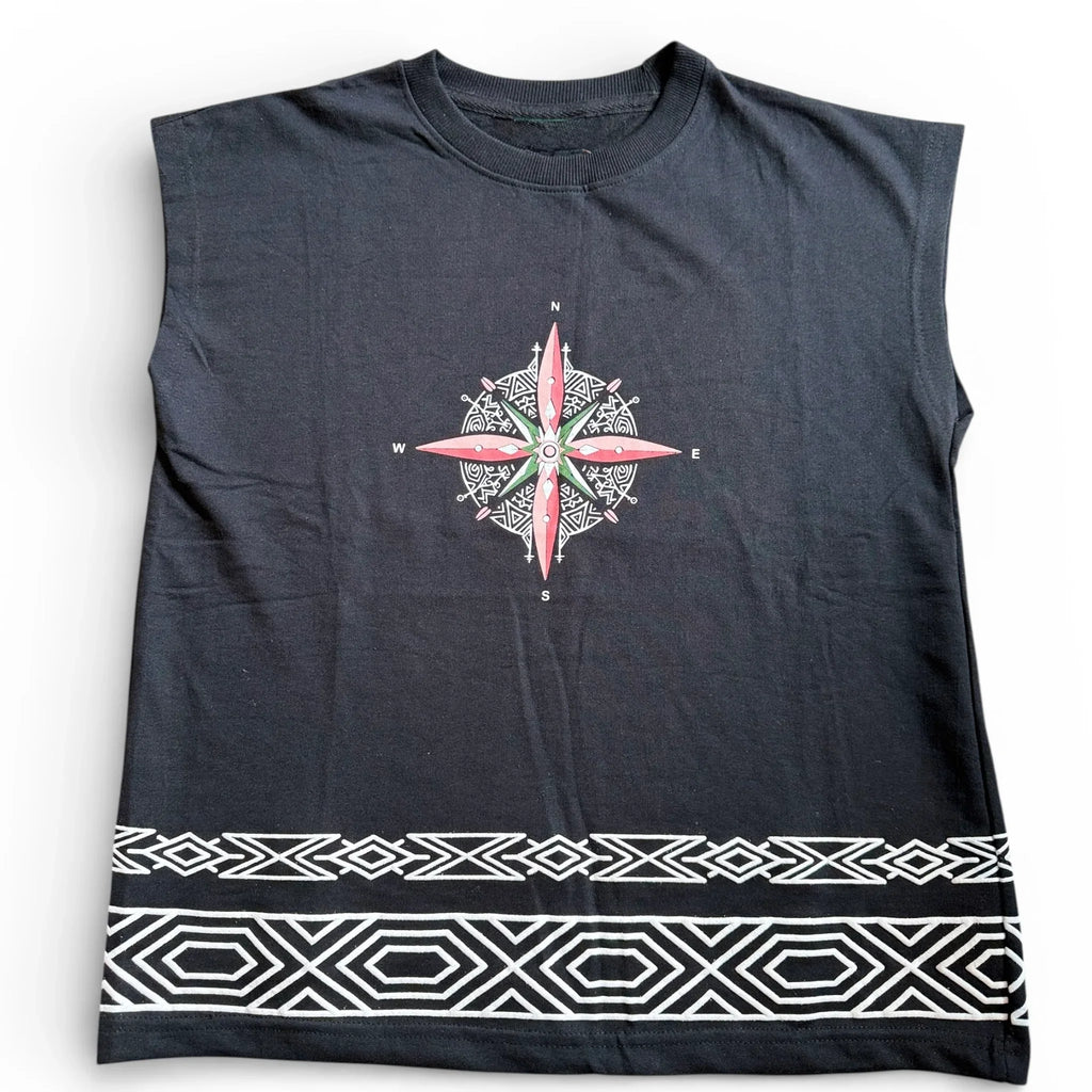 Black Sleeveless Graphic T-Shirt with Compass Print | Casual Streetwear Tee for Men & Women