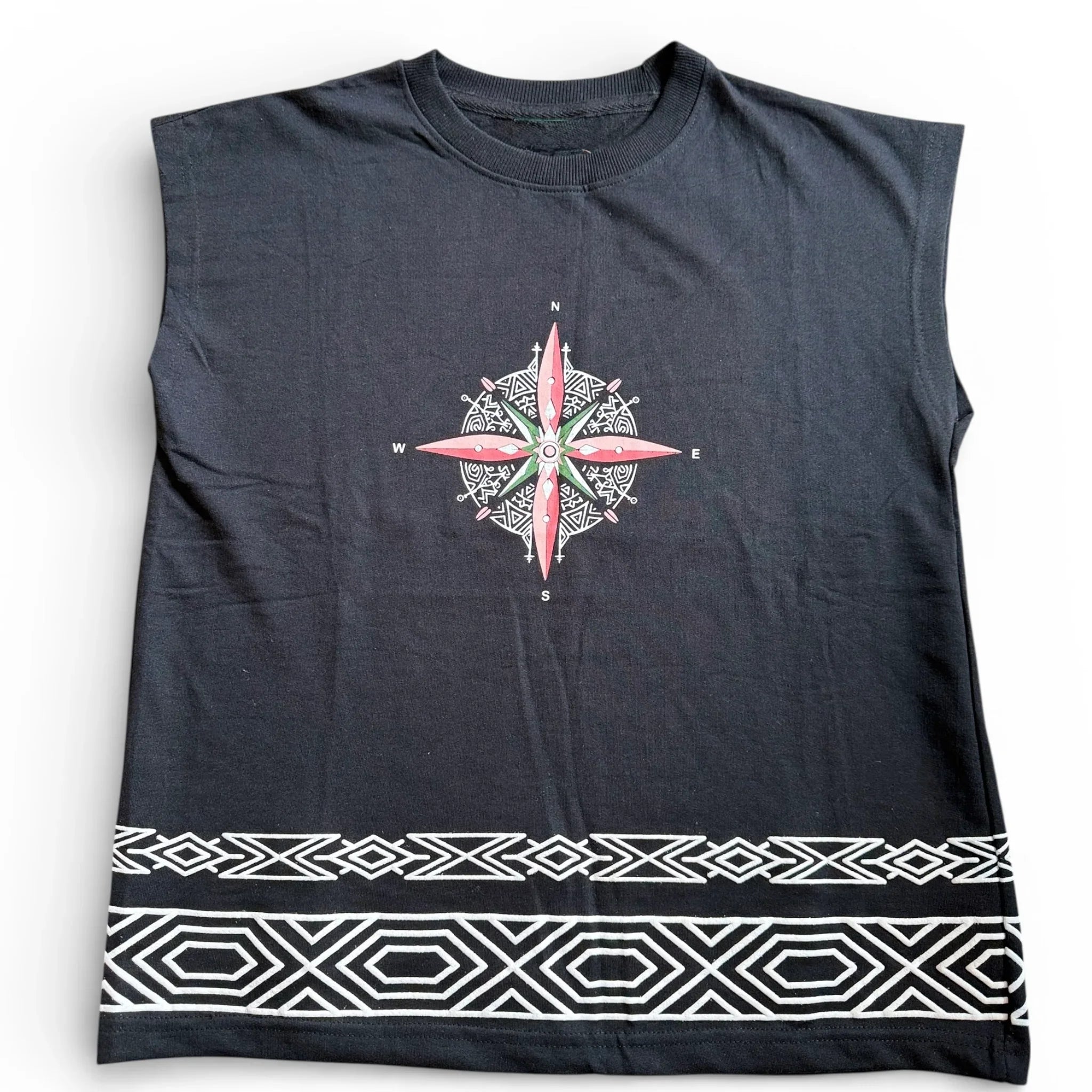 Black Sleeveless Graphic T-Shirt with Compass Print | Casual Streetwear Tee for Men & Women