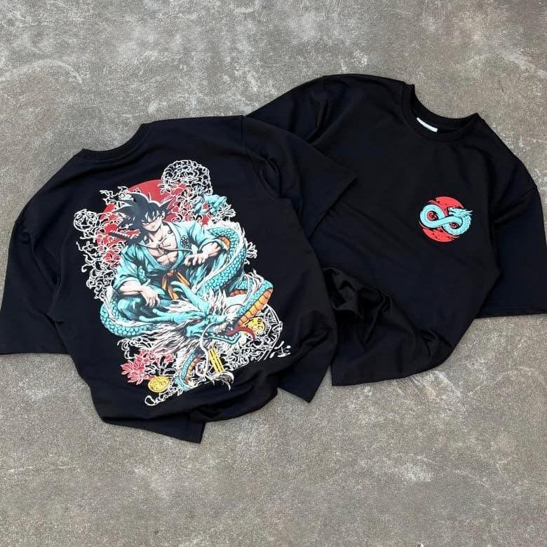 Black anime graphic t-shirts with colorful dragon and warrior character design, streetwear style