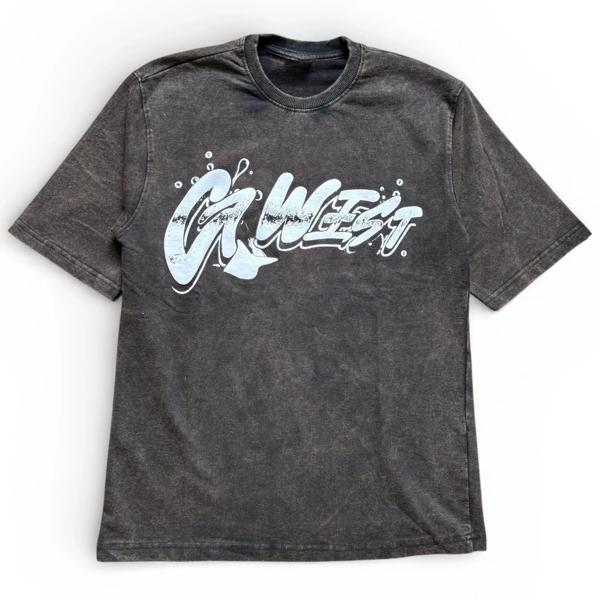 Black washed graphic t-shirt with bold white graffiti-style text on the front