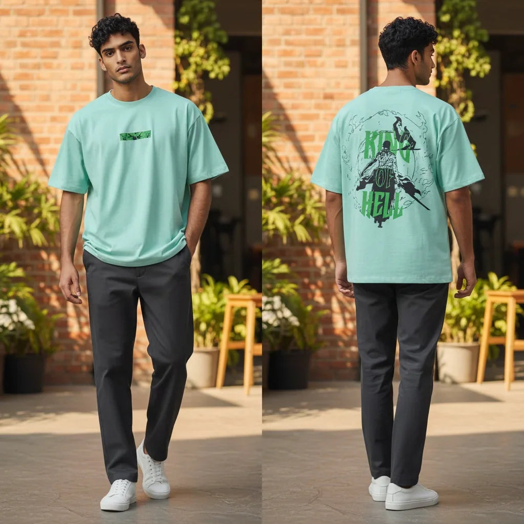 Man wearing mint green graphic t-shirt with King of Hell print, dark pants, white sneakers