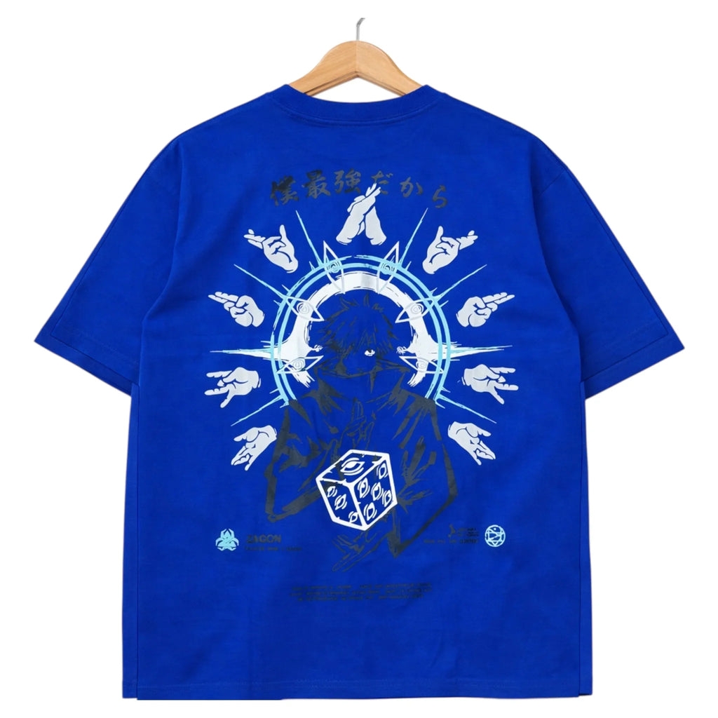 Blue graphic t-shirt with anime-style character, halo of hands, and dice illustration on back