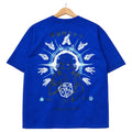 Blue graphic t-shirt with anime-style character, halo of hands, and dice illustration on back