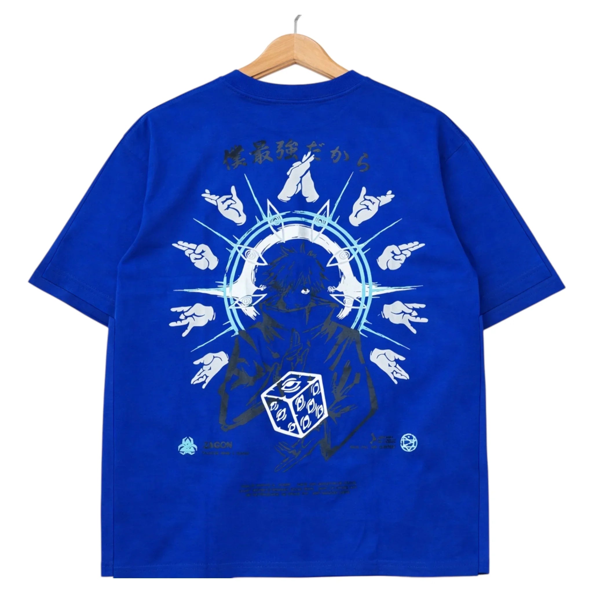 Blue graphic t-shirt with anime-style character, halo of hands, and dice illustration on back