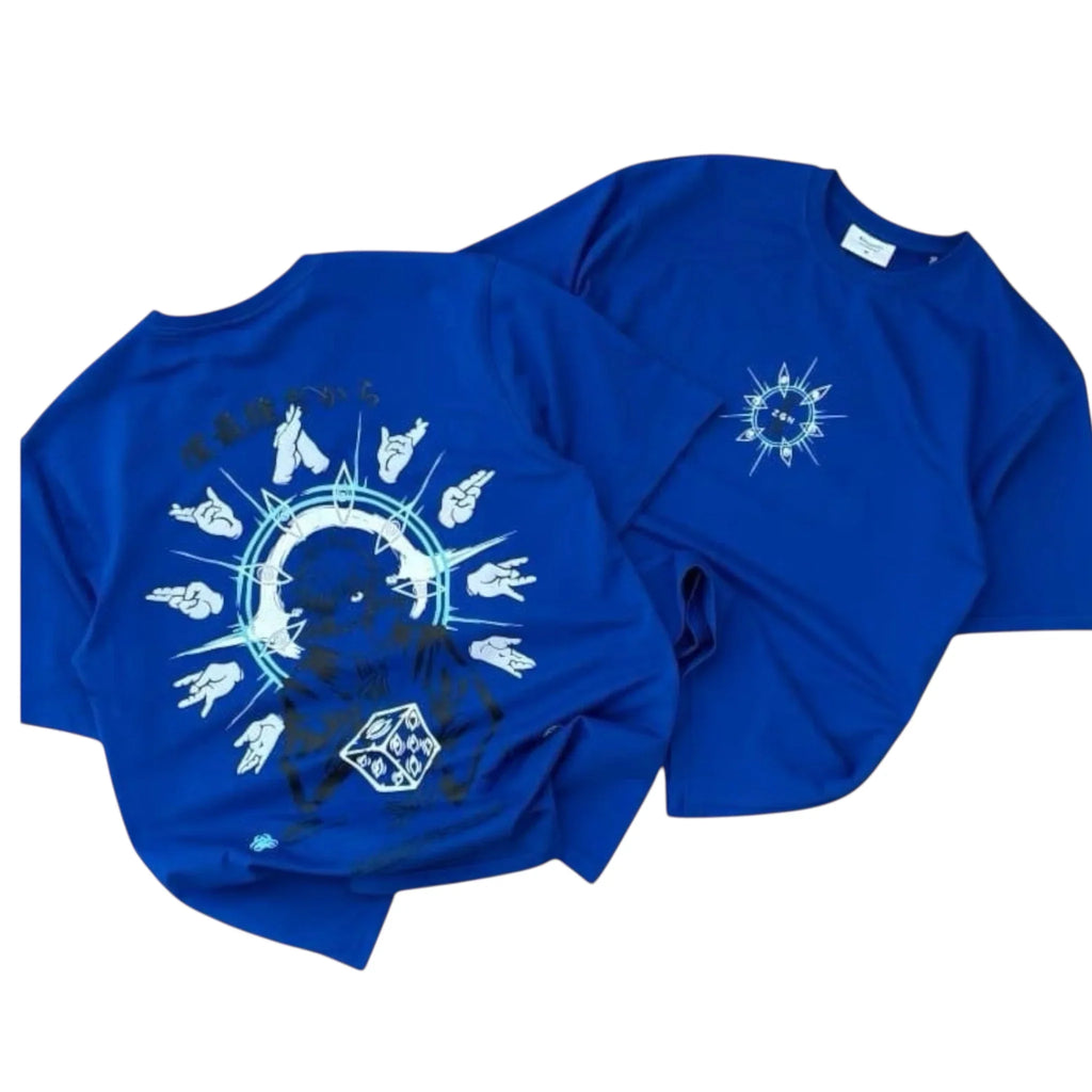 Blue graphic t-shirt with illustrated hands, dice, and circular design on back and chest