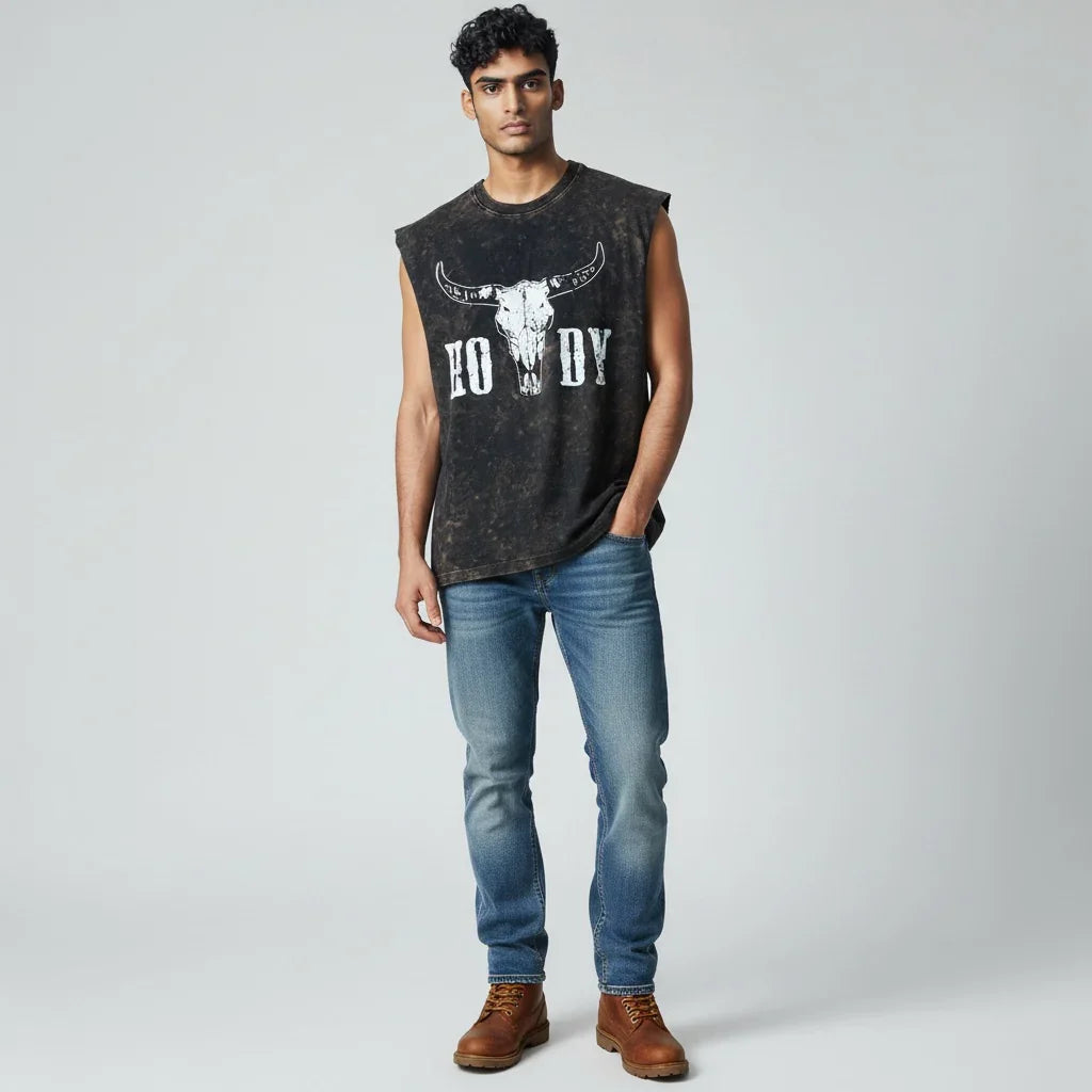 Man wearing black sleeveless 'Howdy' graphic t-shirt, blue jeans, and brown boots
