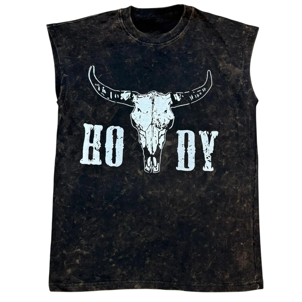 Black sleeveless t-shirt with 'Howdy' and steer skull graphic on front