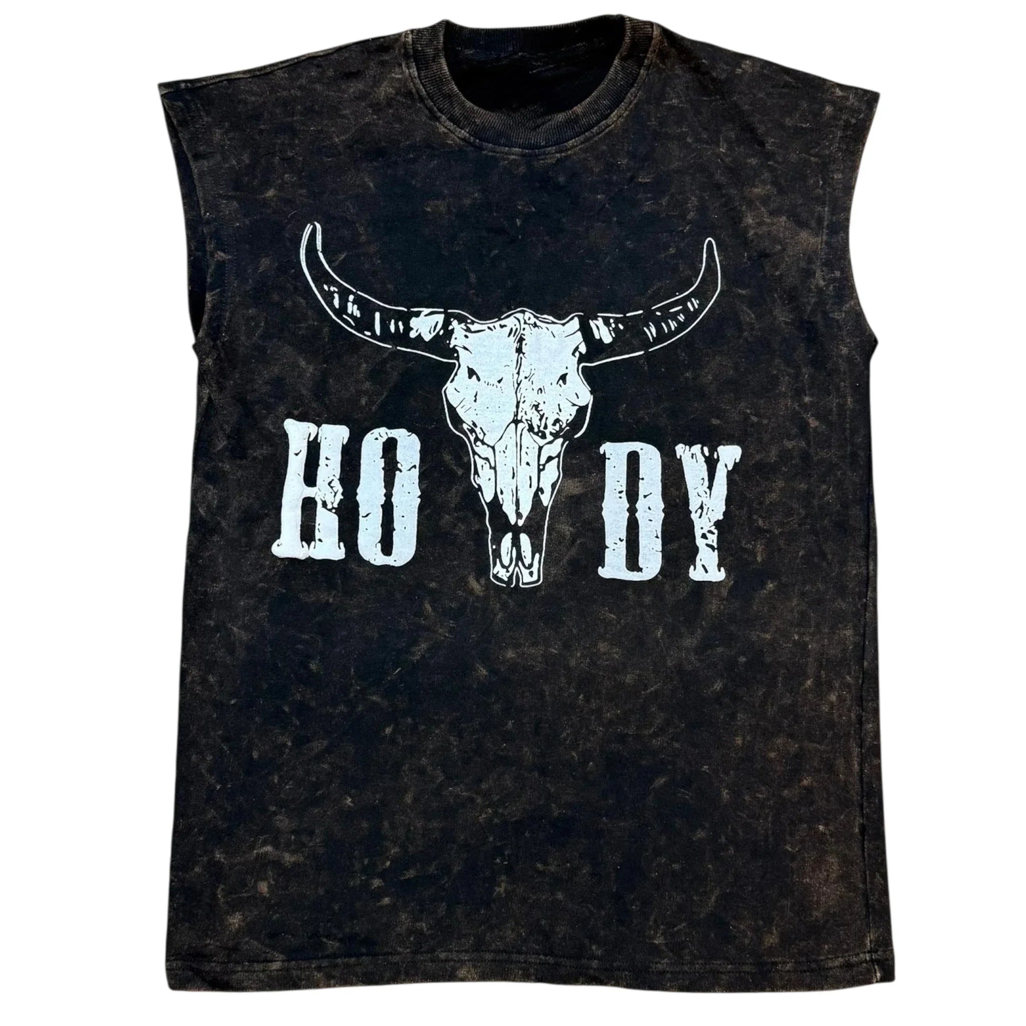 Black sleeveless t-shirt with 'Howdy' and steer skull graphic on front