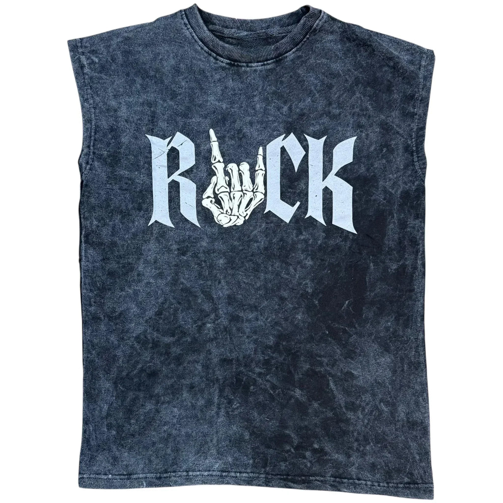 Black sleeveless acid wash shirt with 'ROCK' and skeleton hand graphic on front.