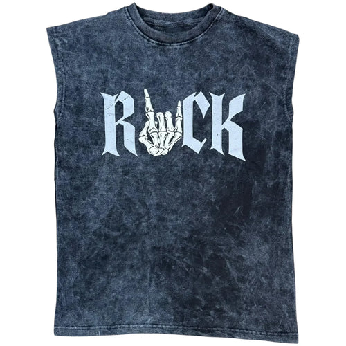 Black sleeveless acid wash shirt with 'ROCK' and skeleton hand graphic on front.