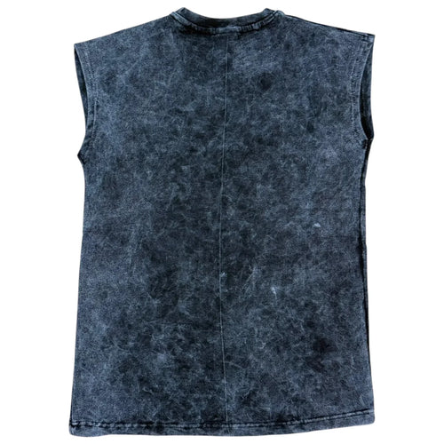 Back view of sleeveless black acid wash denim vest on white background