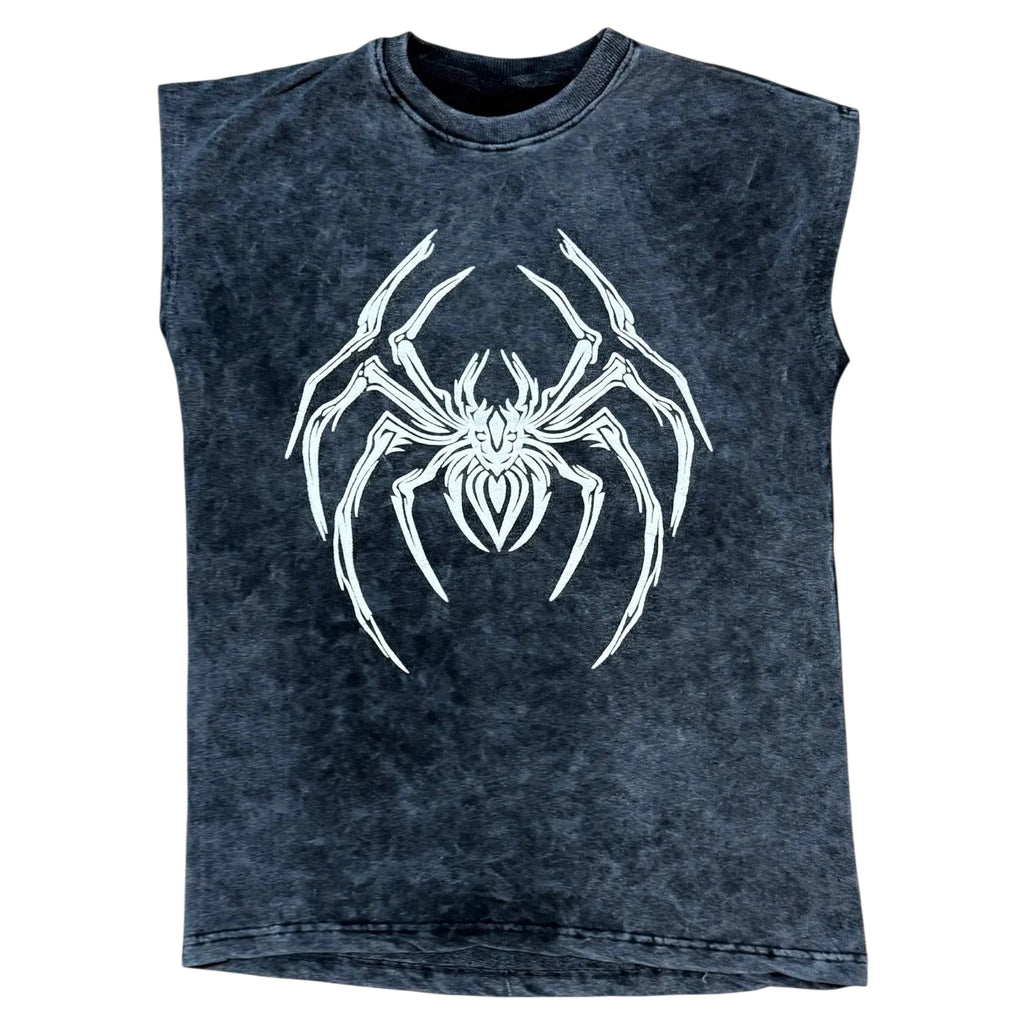 Black sleeveless shirt with large white spider graphic on front, grunge streetwear style