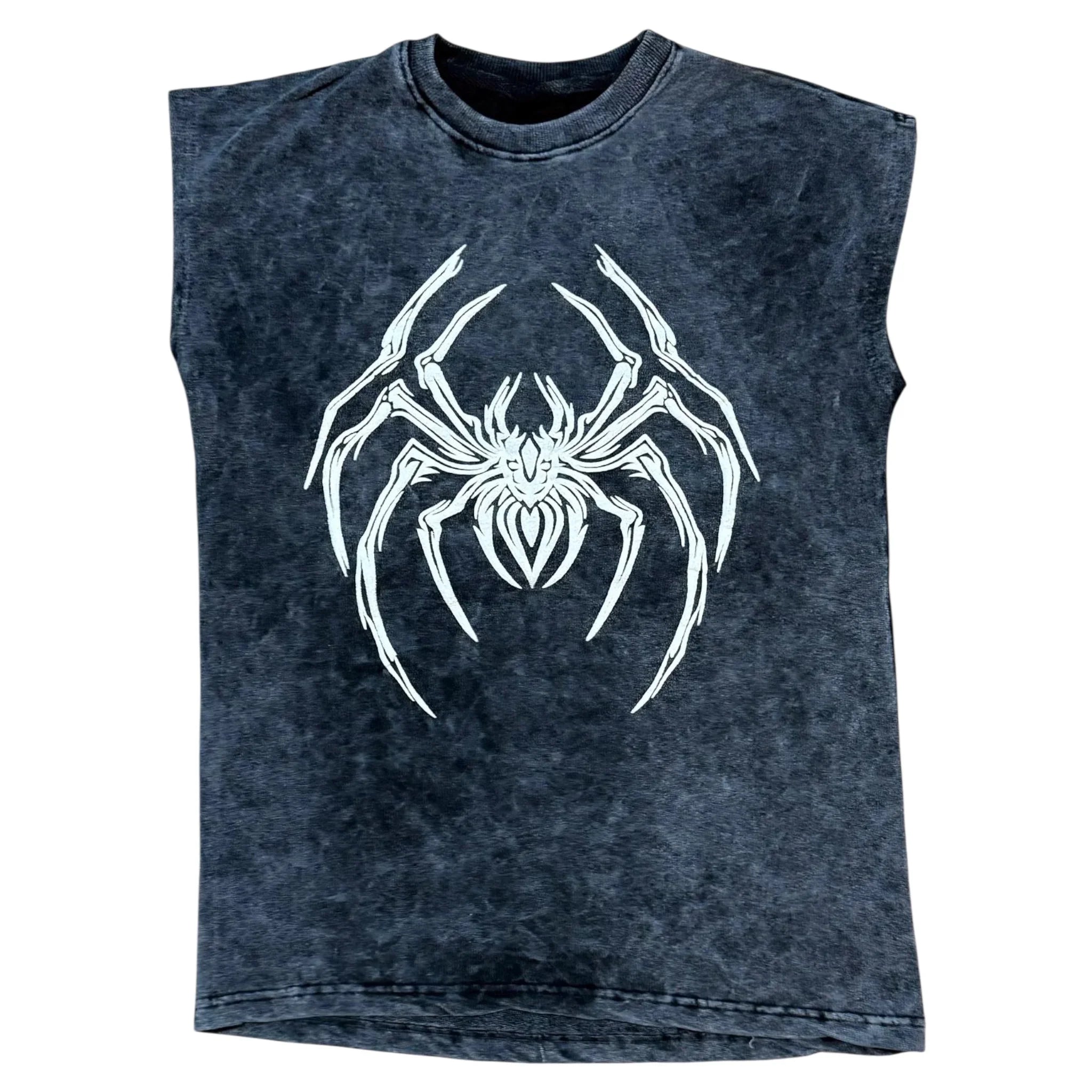 Black sleeveless shirt with large white spider graphic on front, grunge streetwear style