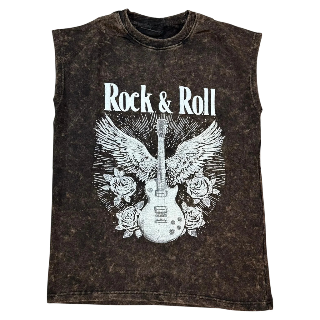 Sleeveless black rock and roll t-shirt with guitar, angel wings, and roses graphic