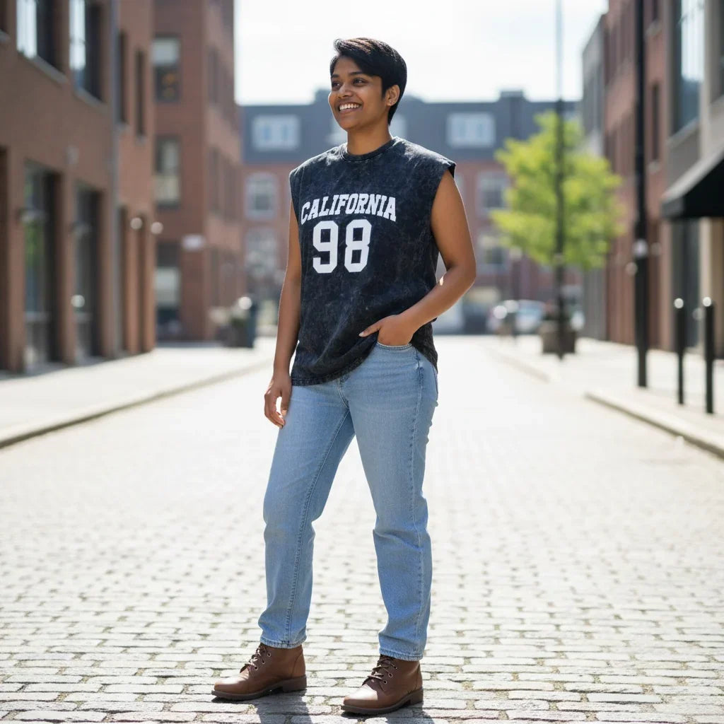Person wearing sleeveless California 98 shirt, light blue jeans, brown boots, standing on sunlit city street