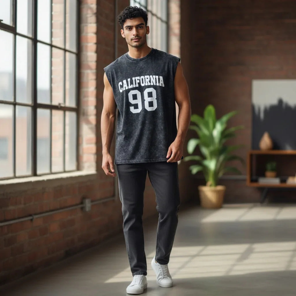 Man in sleeveless black California 98 graphic shirt and dark jeans, casual modern indoor setting