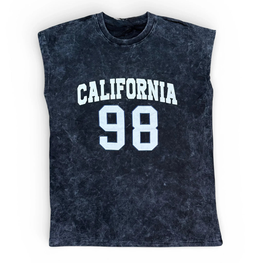 Sleeveless black acid wash shirt with 'California 98' printed in bold white letters.