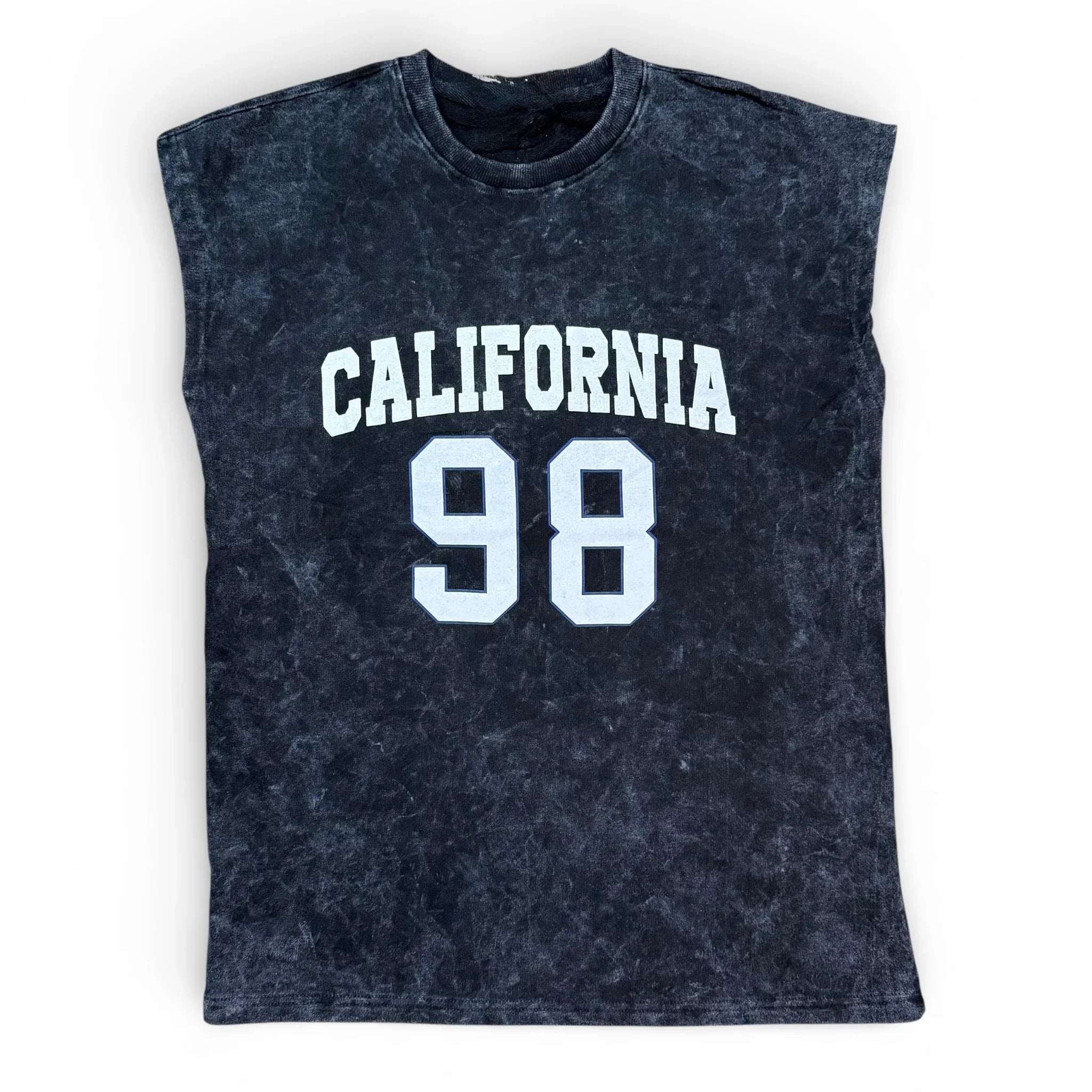 Sleeveless black acid wash shirt with 'California 98' printed in bold white letters.