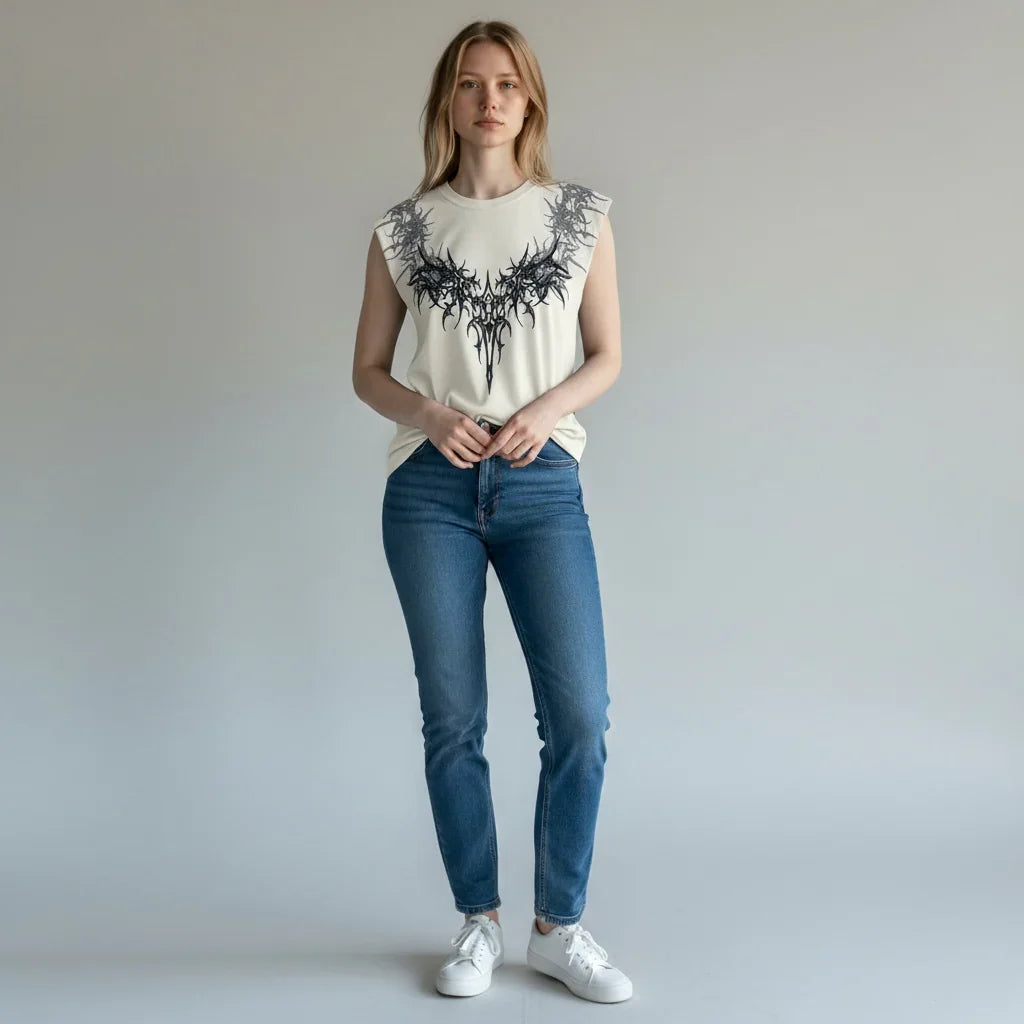 Woman wearing sleeveless graphic white top and blue jeans with white sneakers