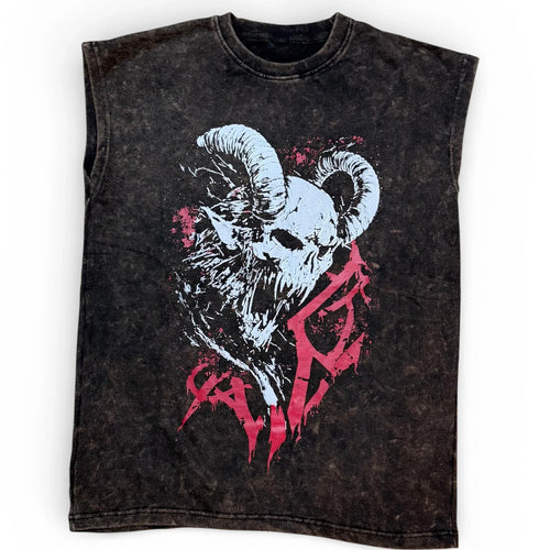 Sleeveless black t-shirt with distressed wash and graphic of a horned skull with red accents