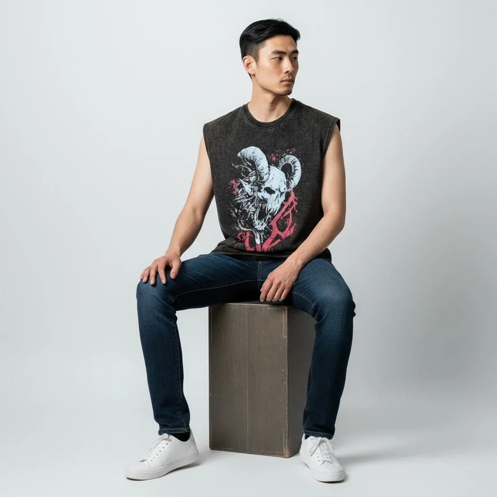 Man wearing sleeveless graphic skull t-shirt, jeans, and white sneakers sitting on box