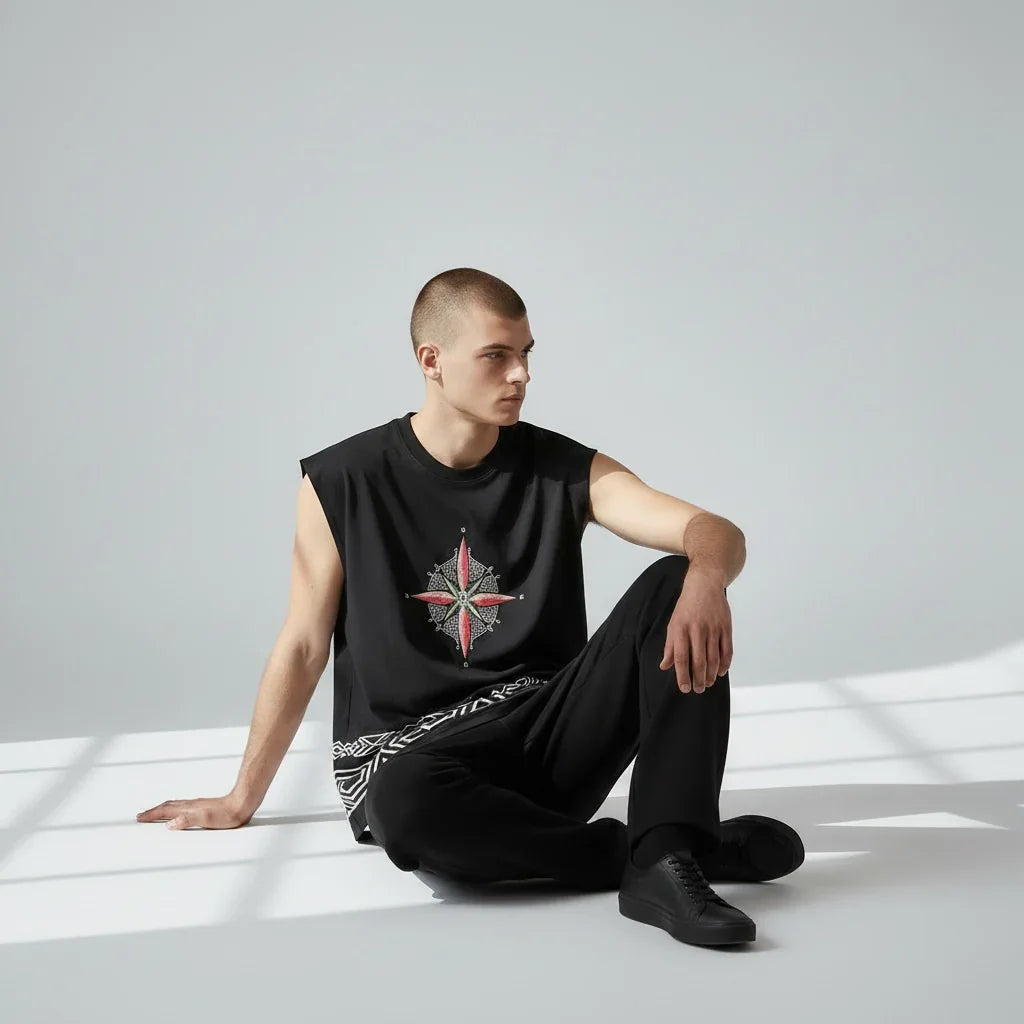 Man sitting in minimalist room wearing black sleeveless shirt with compass graphic, black pants and black shoes