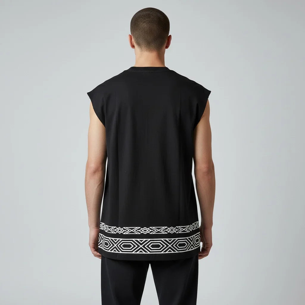 Back view of man wearing black sleeveless shirt with geometric white border design
