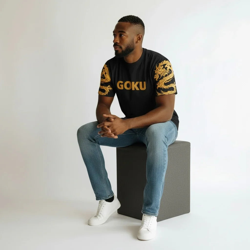 Man wearing black GOKU t-shirt with gold dragon print, blue jeans, and white sneakers
