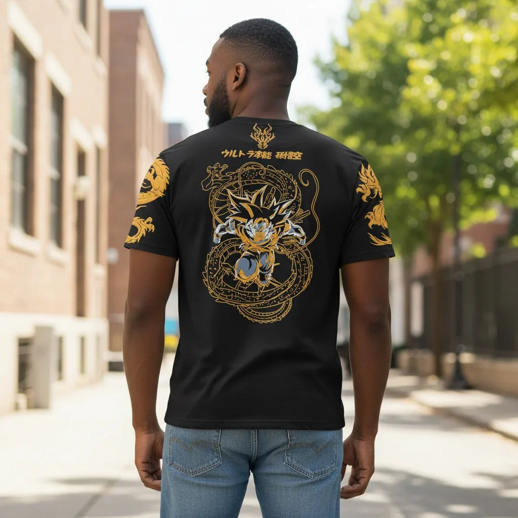 Man wearing black streetwear t-shirt with gold dragon and anime graphic design outside