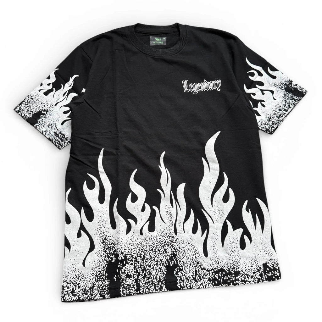Black t-shirt with white flame graphic design and 'Legendary' text on chest