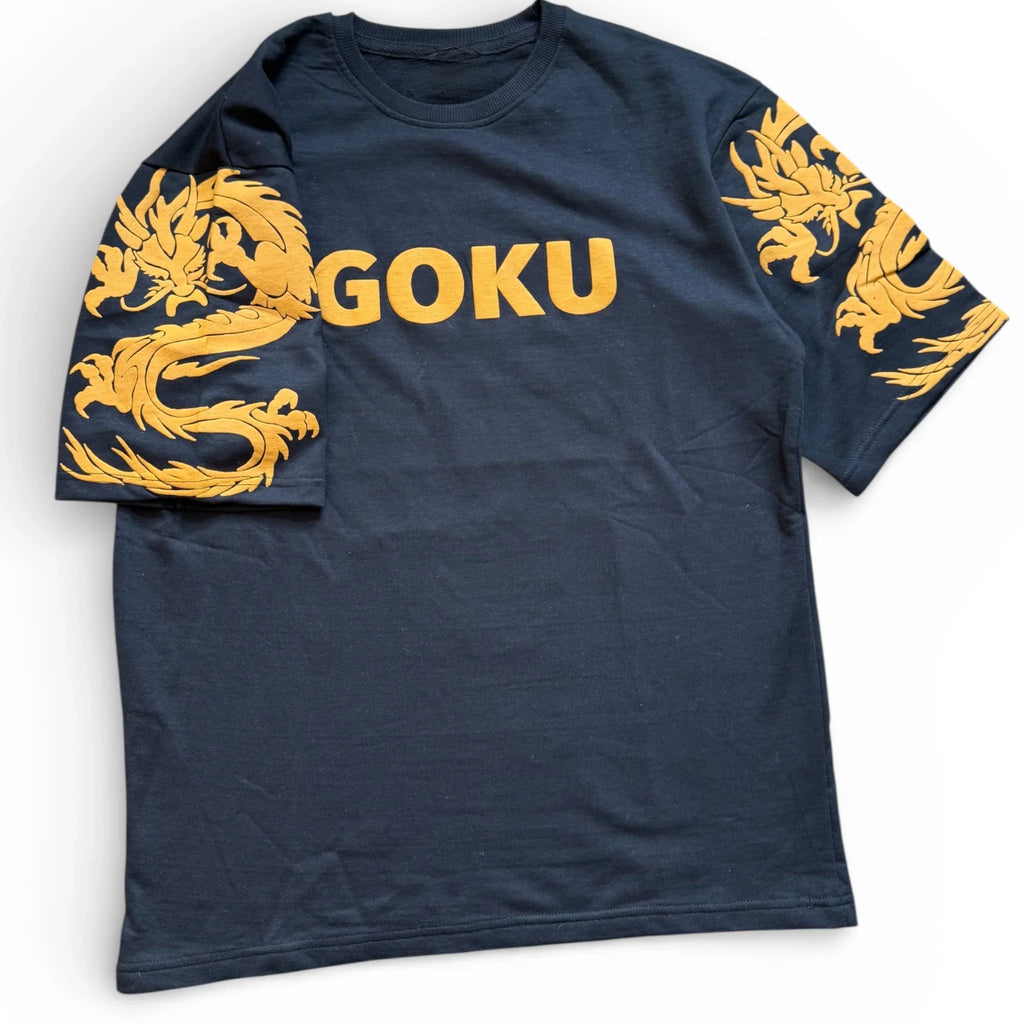 Black T-shirt with yellow GOKU text and gold dragon graphic on both sleeves