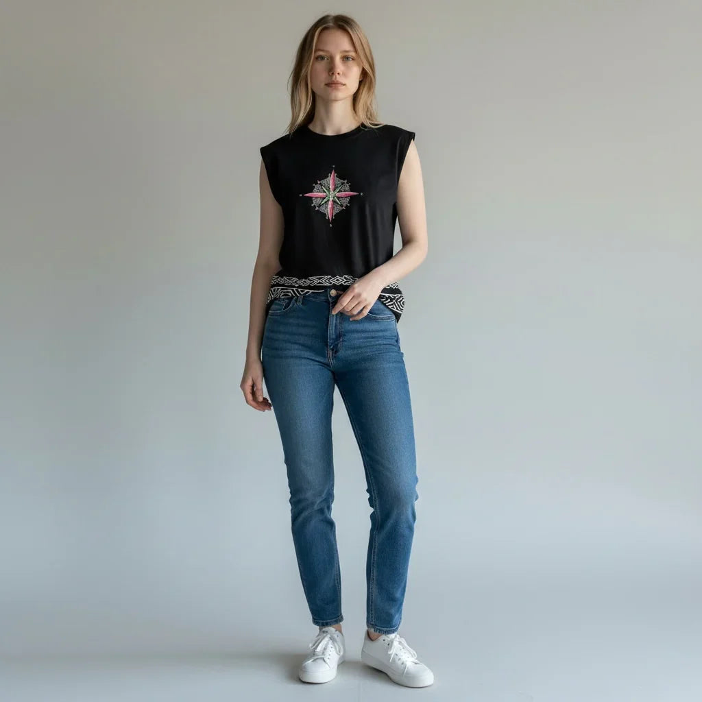 Woman wearing black sleeveless graphic top, blue jeans, and white sneakers standing indoors