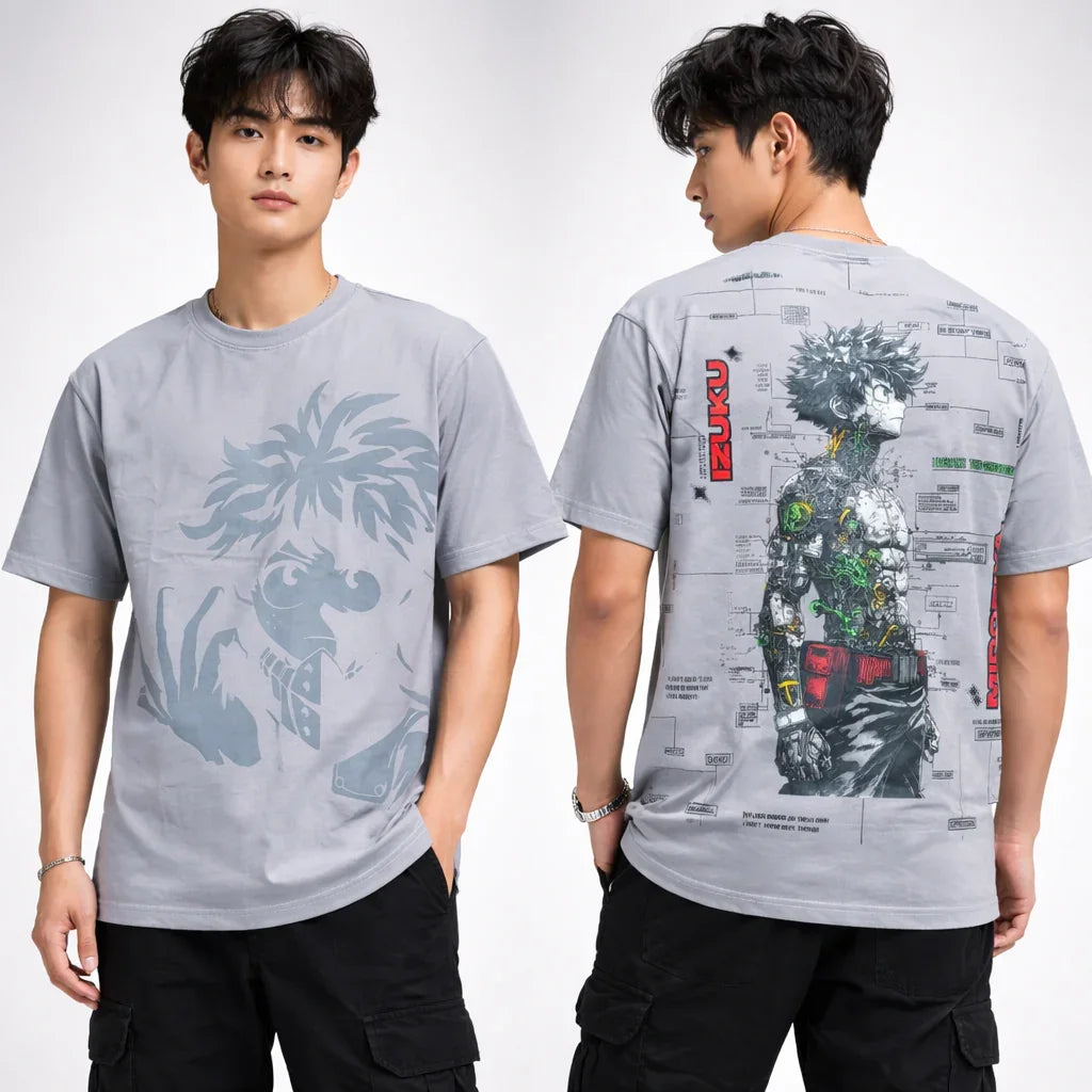 Man wearing gray graphic anime t-shirt with large manga character prints on front and back.