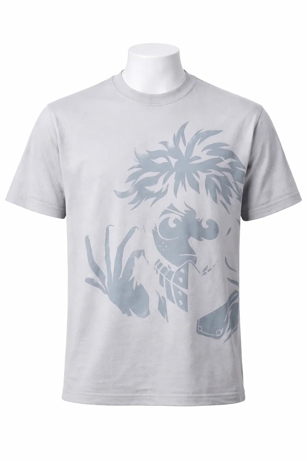 Light grey t-shirt with large anime character graphic print on front, displayed on mannequin