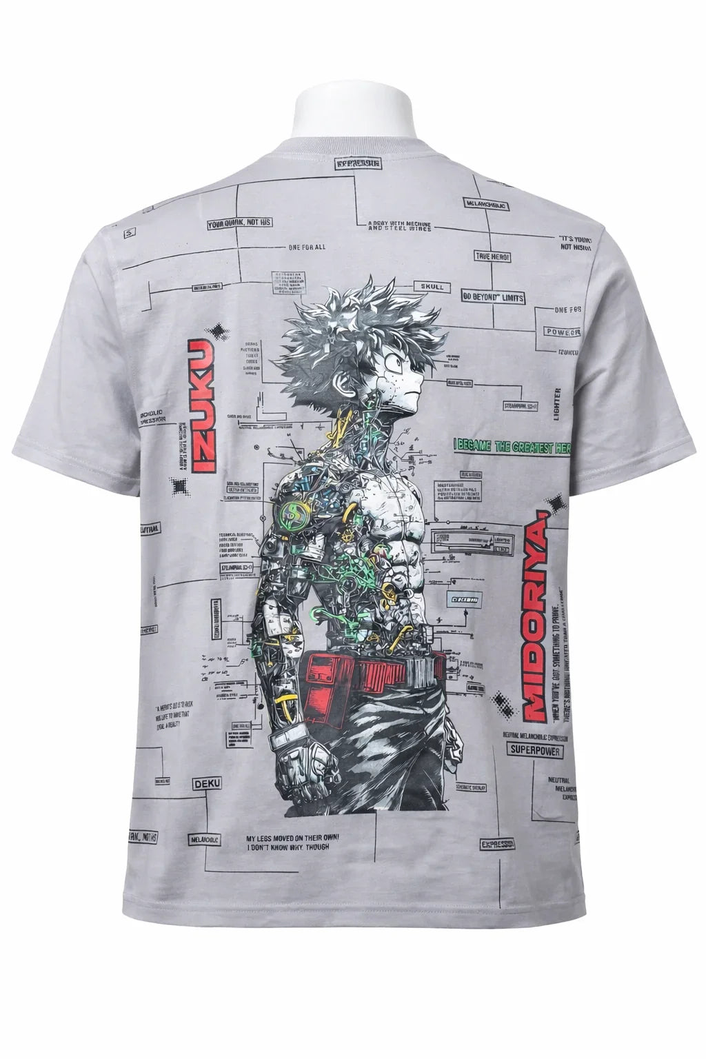 Gray T-shirt featuring anime robot character with Izuku Midoriya graphic and schematic design
