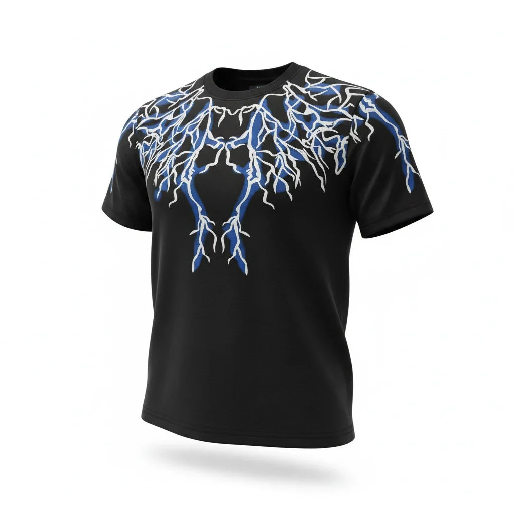 Black t-shirt with blue and white lightning graphic on chest and shoulders