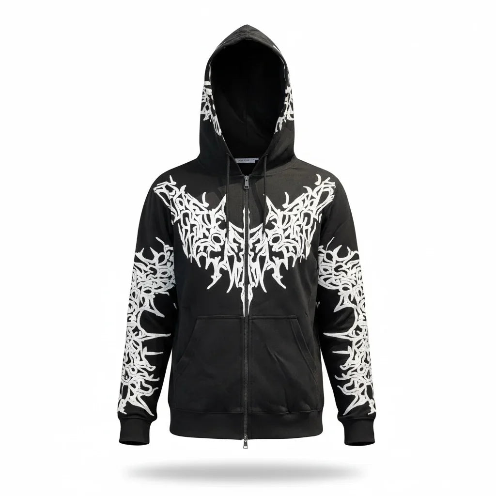 Black zip-up hoodie with bold white tribal graphic design on chest, sleeves, and hood