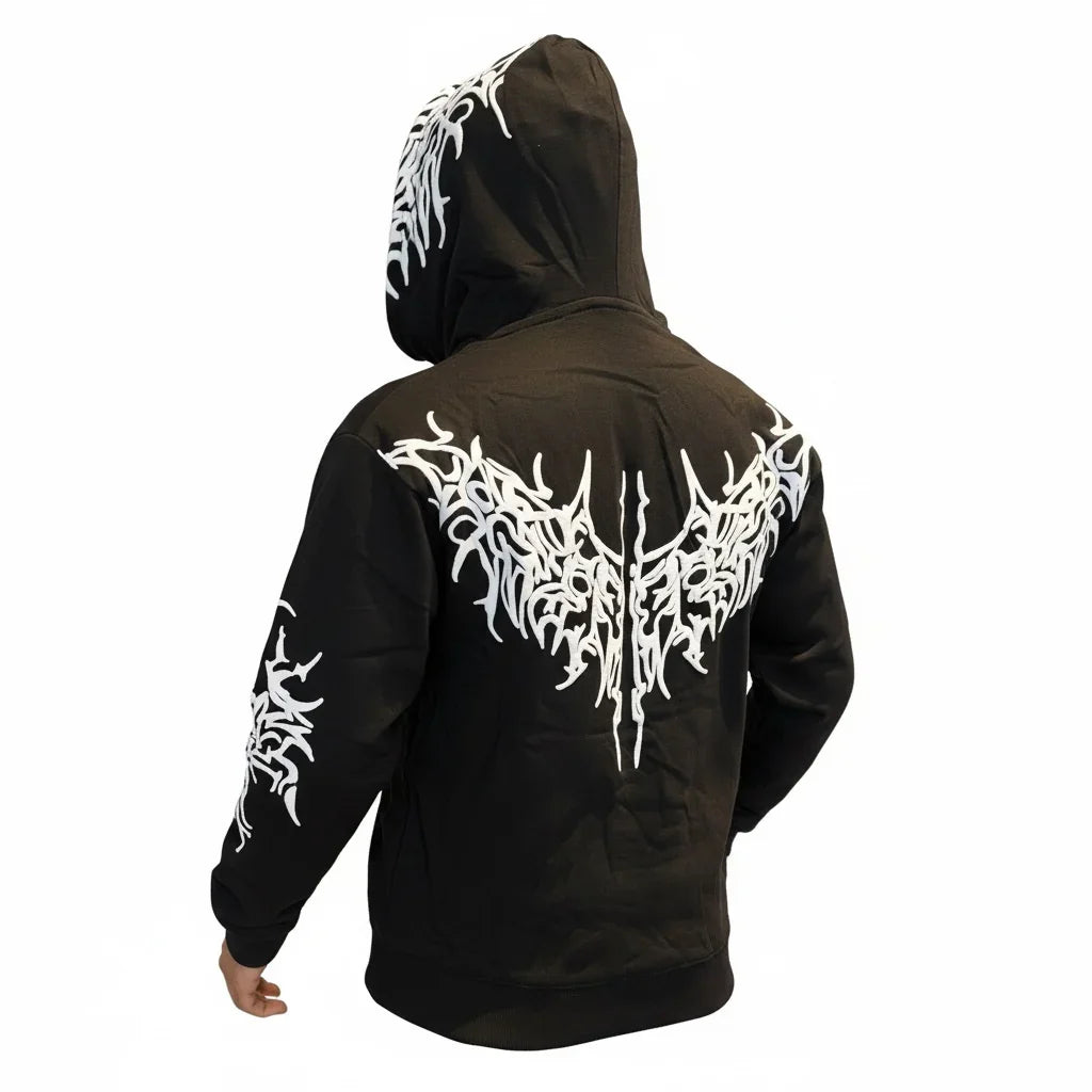 Black hoodie with bold white tribal-style graphic on back, hood, and sleeve
