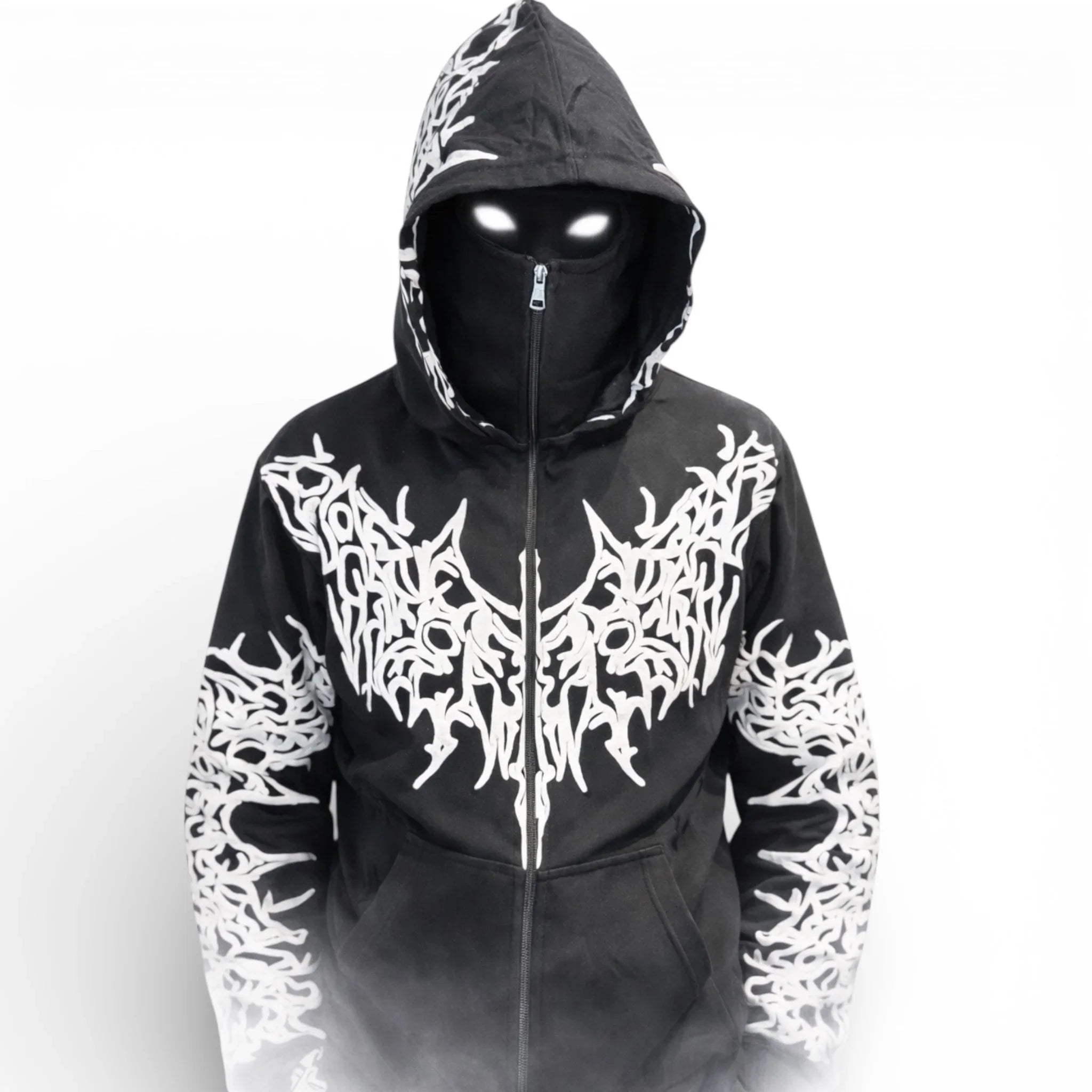 Person in black hoodie with bold white graphic designs, hood up, mask, and glowing eyes
