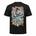 Black graphic t-shirt featuring anime-style warrior and blue dragon design on the back.