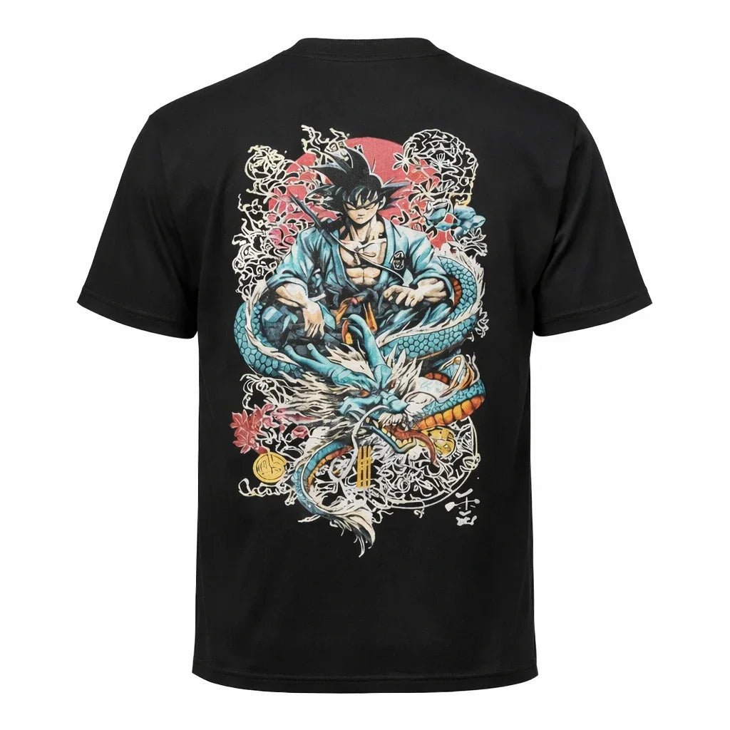 Black graphic t-shirt featuring anime-style warrior and blue dragon design on the back.
