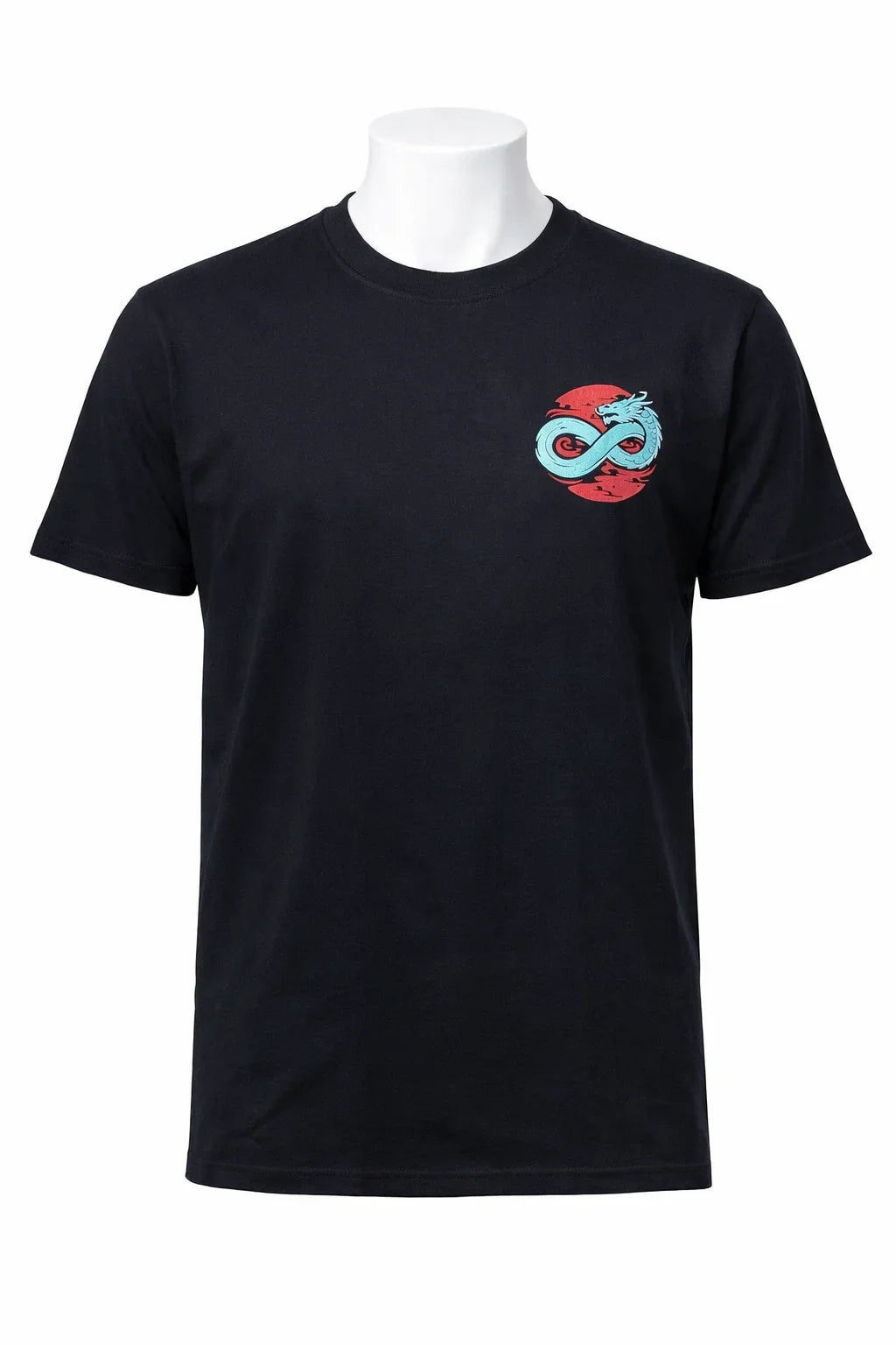 Black t-shirt with turquoise dragon infinity graphic on red circle, front chest design