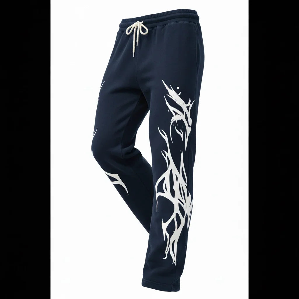 Navy blue sweatpants with white tribal graphic prints and drawstring waist