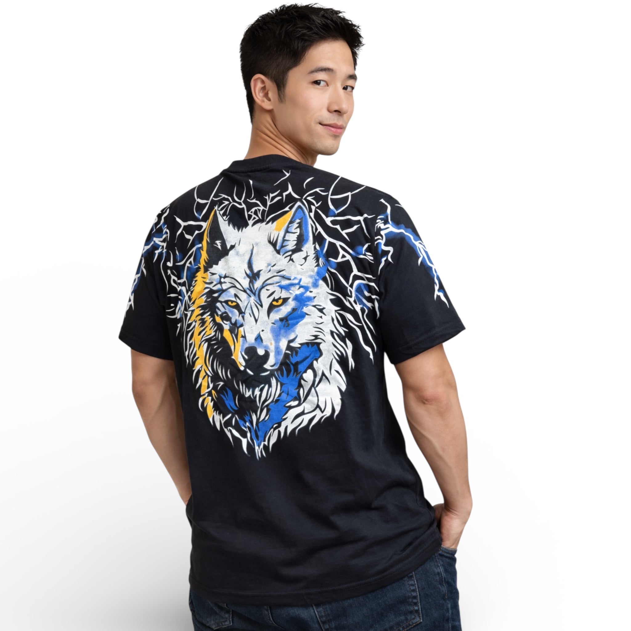 Man wearing black t-shirt with large blue and yellow wolf graphic and lightning design on back