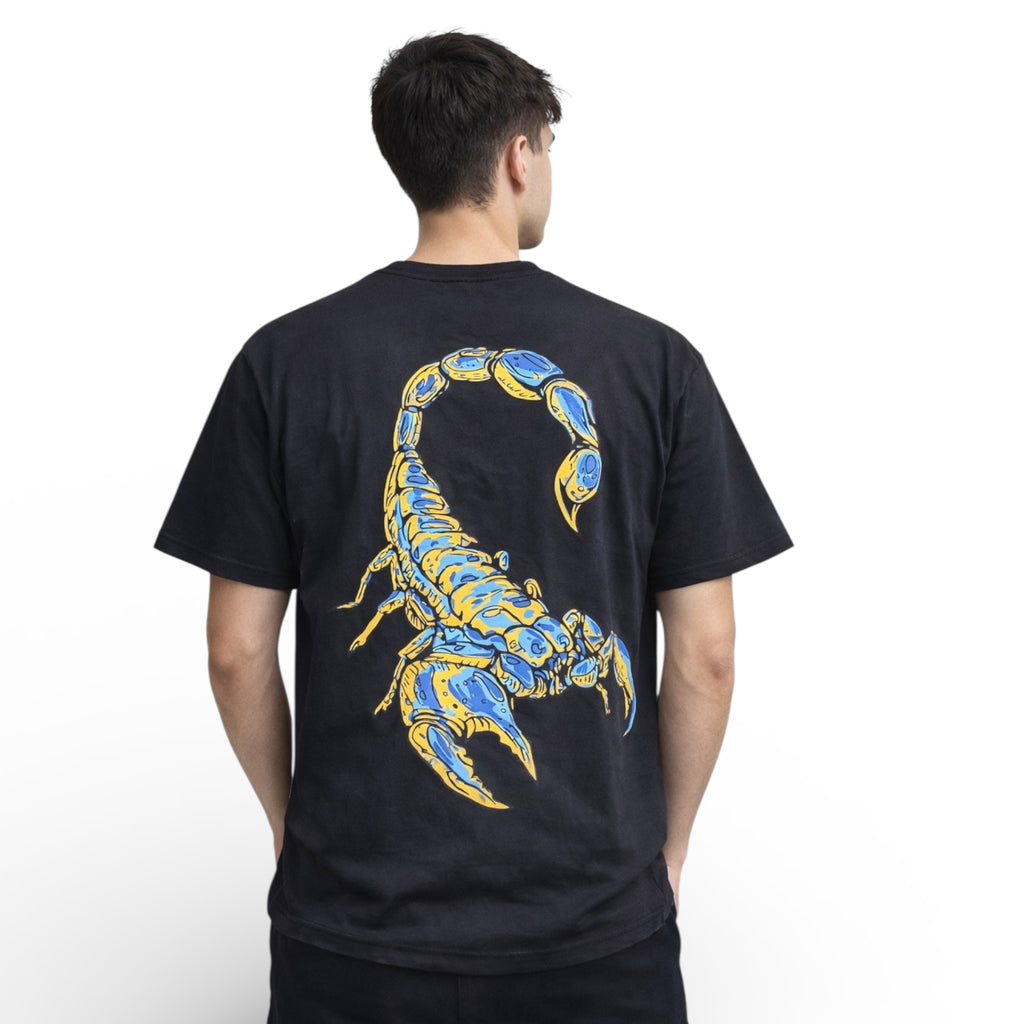 Black graphic t-shirt with large blue and yellow scorpion back print streetwear design