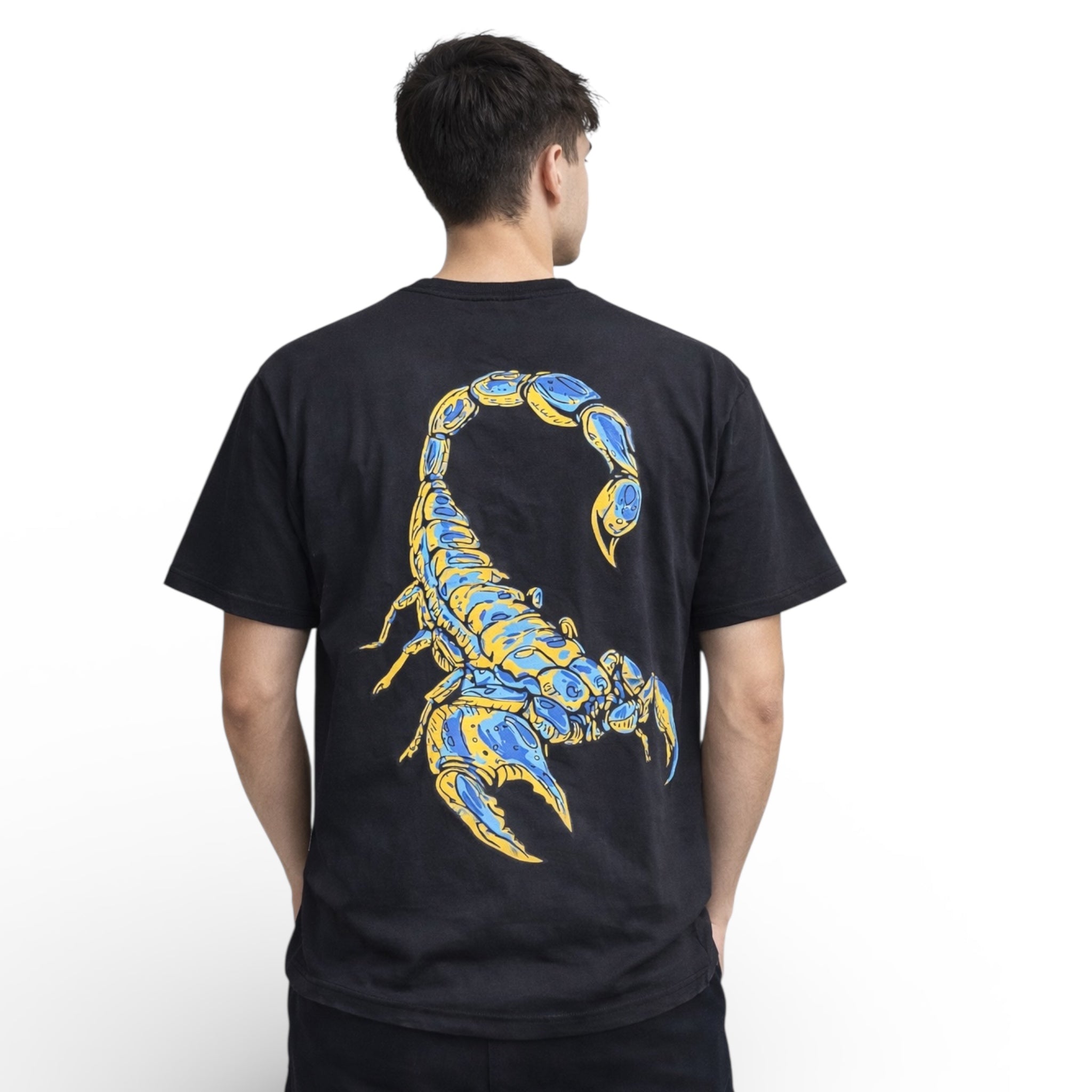 Black graphic t-shirt with large blue and yellow scorpion back print streetwear design